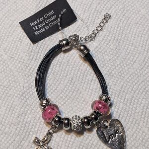 NEW CHUNS PANDORA LIKE BRACELET - LOVE HEART, CROSS & PINK BUTTERFLY BEADS